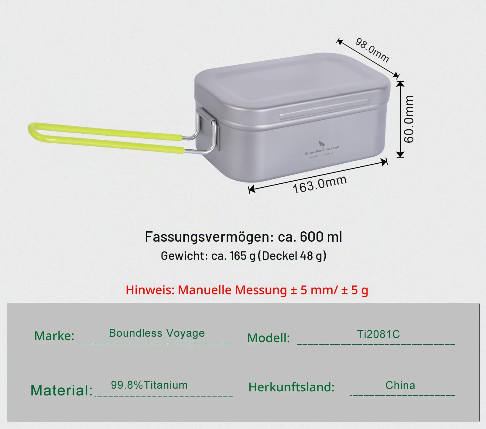 iBasingo 600ml Titan Mess Tin Outdoor Lunch Boxen Camping Pfanne Quadratische Messdose Schüssel Single Layer Bento Tragbares Leichtes Geschirr mit Erbrühungsschutzgriff Mini Dämpfgestell Ti2081C