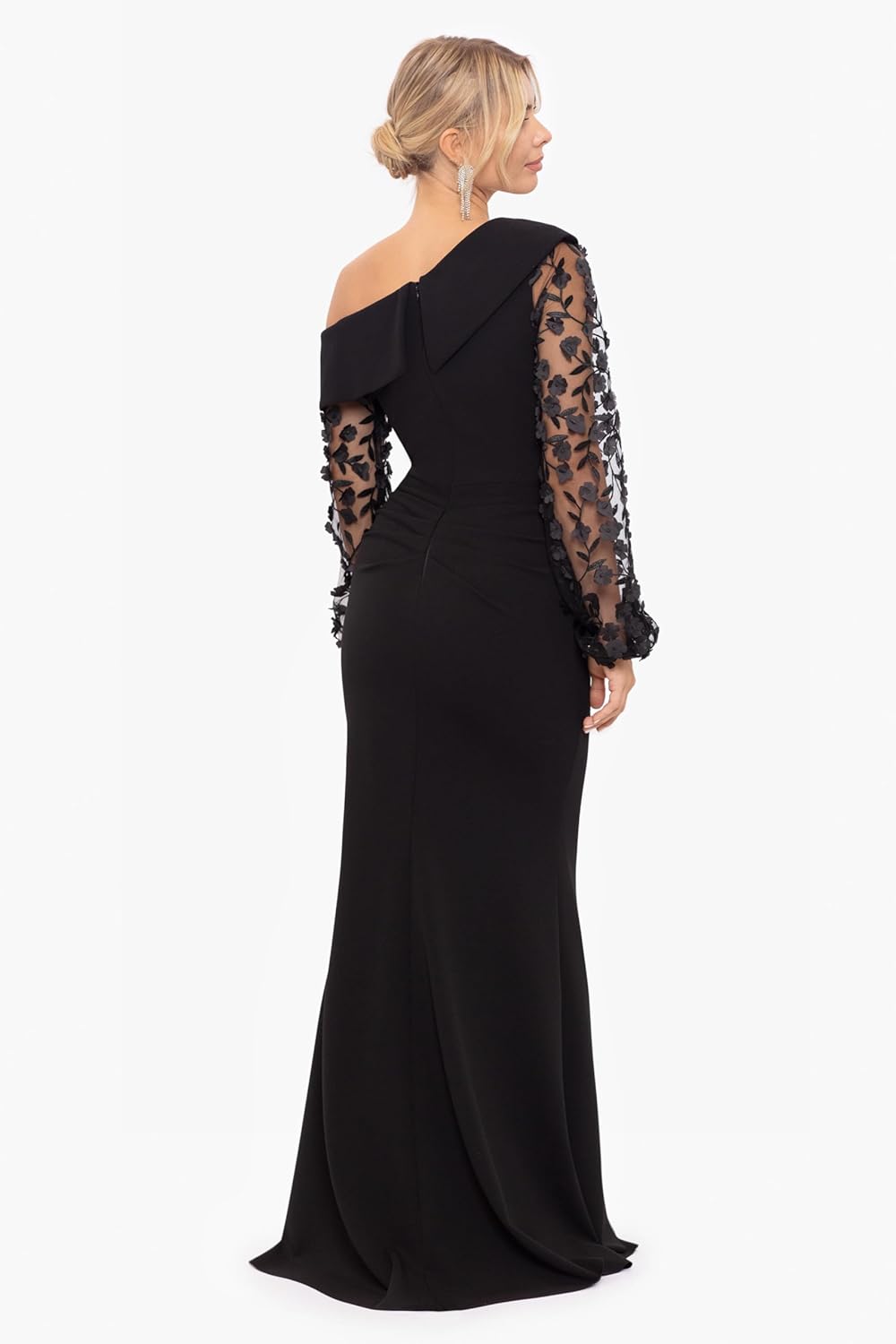 Xscape Women's Long Flower Ilusion Sleeve Off-The-Shoulder Scuba Crepe Gown, Black, 4