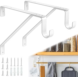 Pisman Closet Rod Bracket Heavy Duty, Adjustable 2-Pack White | Steel with rod holders and shelf bracket, space saving for bedroom and laundry room