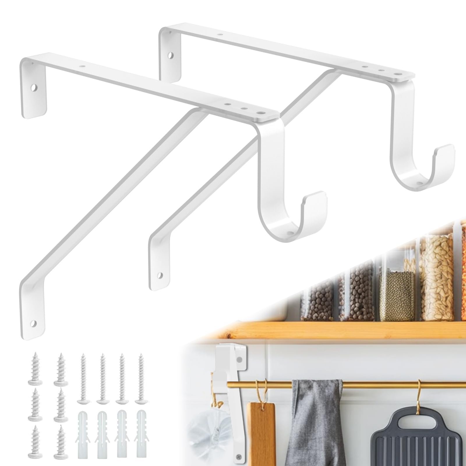 Photo 1 of Pisman Heavy Duty Closet Rod Bracket Adjustable 2 Pack, Closet Rod Support with Shelf Bracket and Rod Holders - White Steel Clothes Hanger for Bedroom, Laundry Room Storage