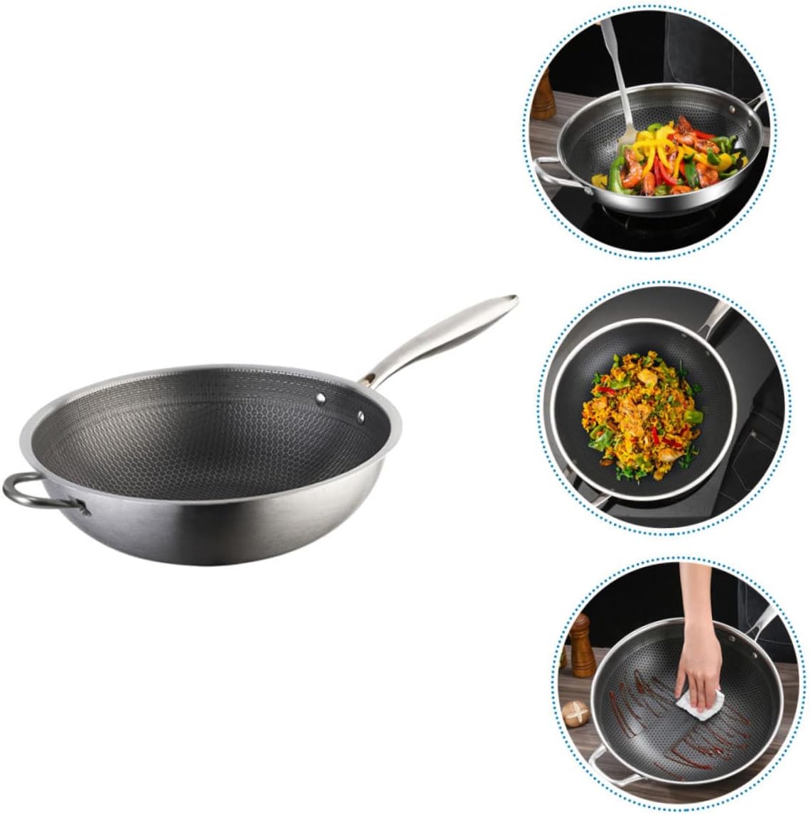 Alipis Stainless Steel Honeycomb Wok for Induction Cookers Nonstick Frying Pan Dual Handles Scratch Resistant and Even Heat Distribution for Gas and Electric Stoves