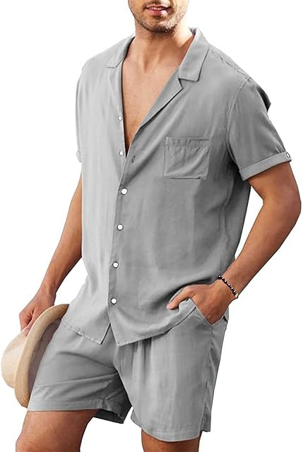 Halfword Linen Shirts Sets Short-Sleeve Men Summer Beach Shorts Suits Casual Button Down Breathable Holiday