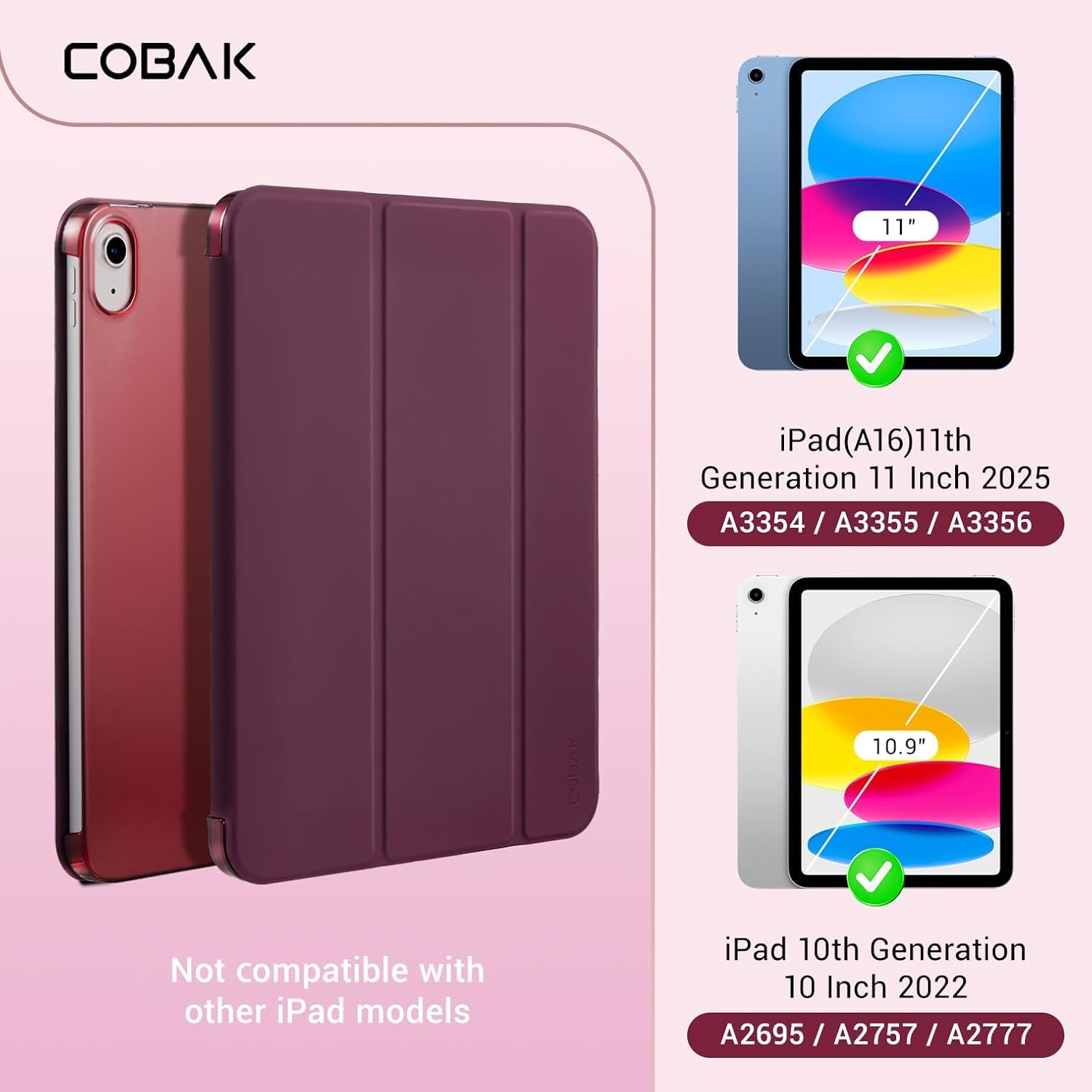 CoBak Case for iPad (A16) 11th Generation 11 Inch 2025, iPad 10th Generation 10.9 inch 2022, Slim Stand Protective Cover with Hard PC Translucent Back Shell Cover, Support Touch ID, Burgundy image 3