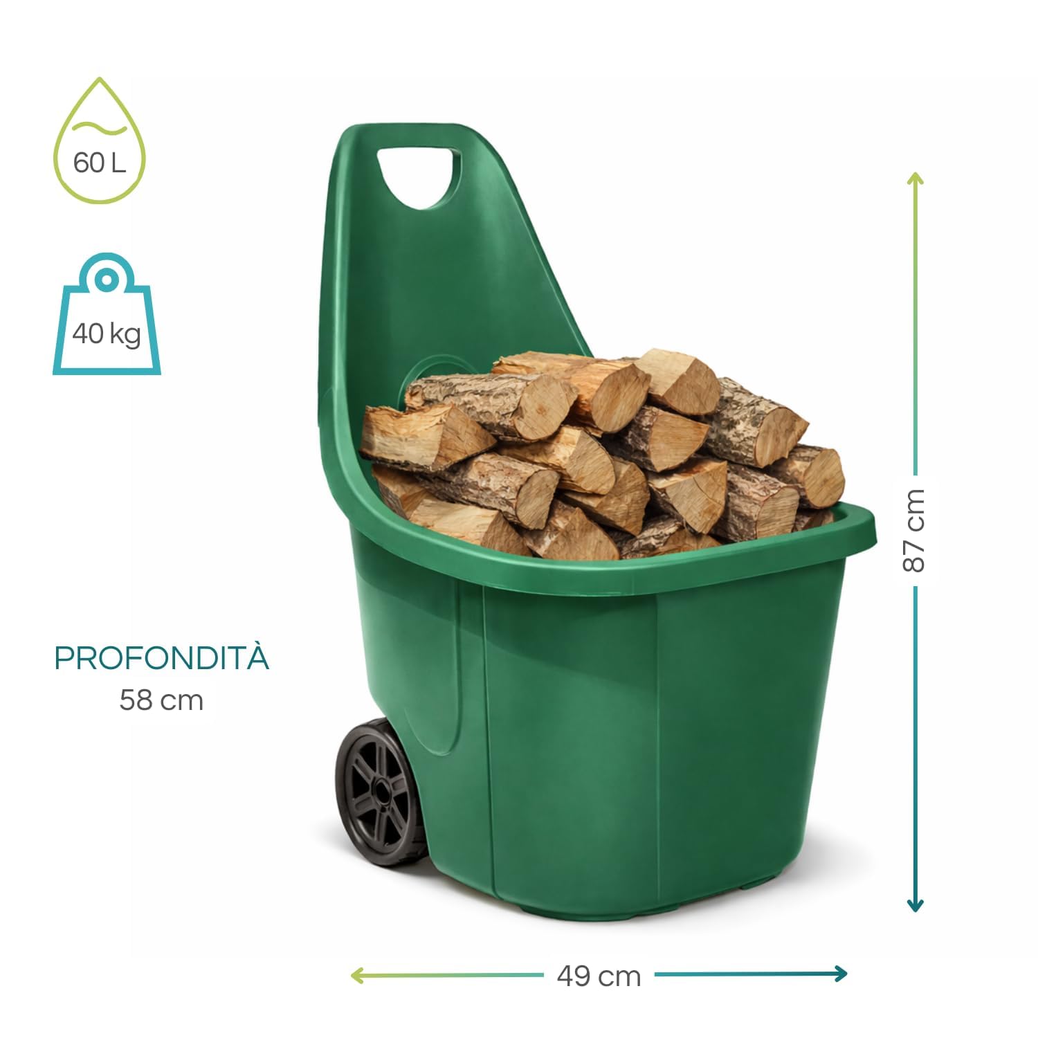 Paluplus Trolley da Giardino Verde con Maniglia da 60 Litri, misura 49x58x87 cm, Carrello con Ruote Portatutto, Praticità e Resistenza per i Tuoi Lavori all'Aperto -912F