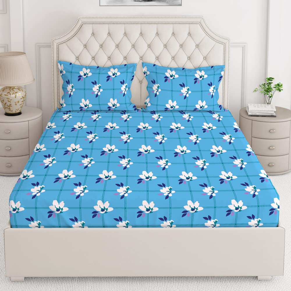 Blue Floral King Size Bedsheet Set - 100% Cotton -16 Blue Floral King Size Bedsheet Set - 100% Cotton -16
