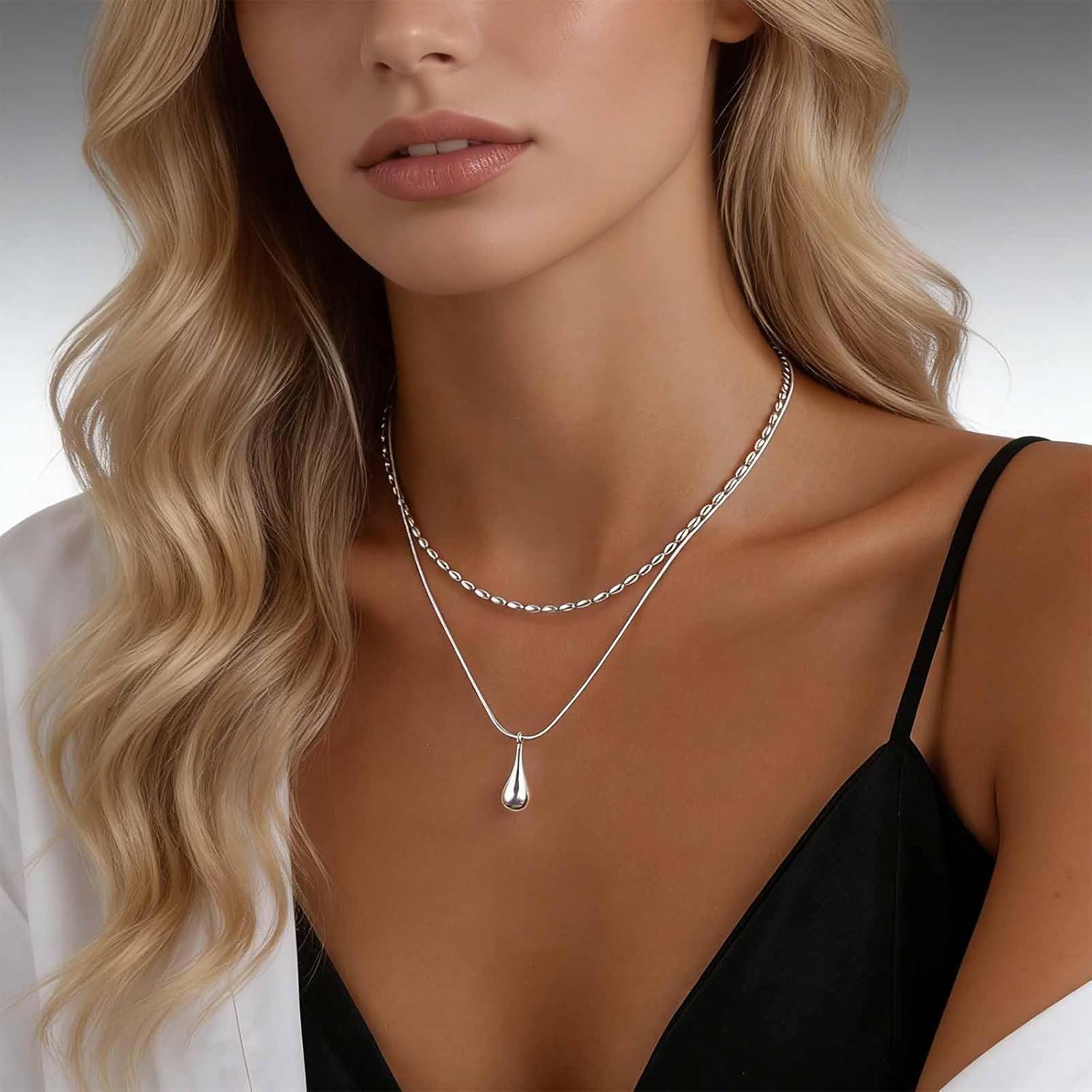Vintage Layered Teardrop Necklaces Silver Rice Bead Necklace Metal Teardrop Pendent Necklace Water Drop Choker Necklaces Raindrop Chain Pendent Jewelry for Women - Image 2