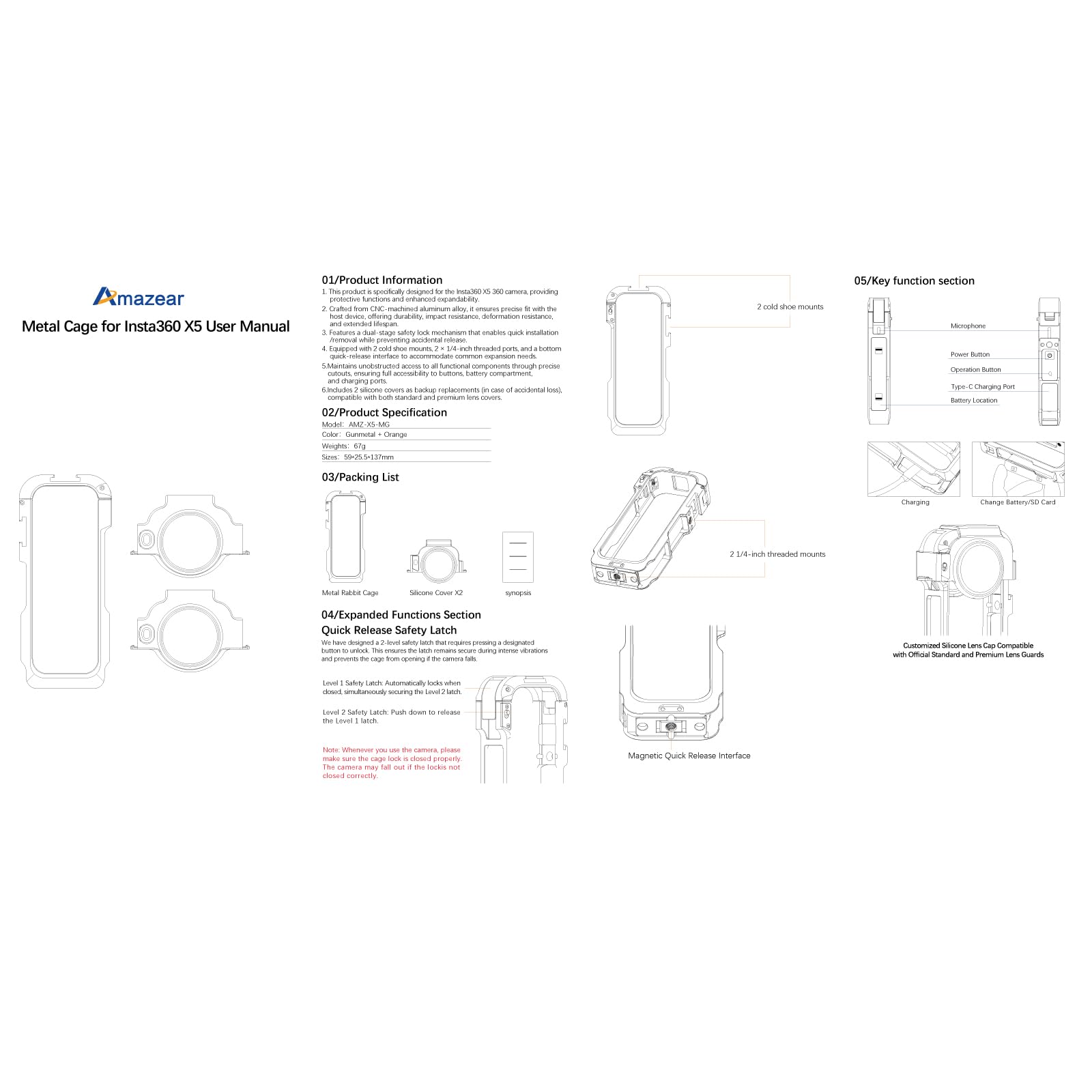 Amazear Metall-Schutzgehäuse für Insta360 X5 Zubehör, Insta360 X5 Multifunktions-Gestell, robuster Aluminiumrahmen mit Schnellverschluss, Verschiedene Erweiterungsbefestigungen