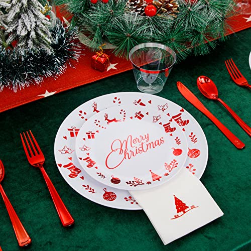 Liacere 175Pcs Red And White Plastic Plates - Disposable Christmas Plastic Plates Include 25 Dessert Plates, 25 Dinner Plates, 25 Knives, 25 Spoons, 25 Forks, 25 Cups, 25 Napkins For Christmas Party #TOP4