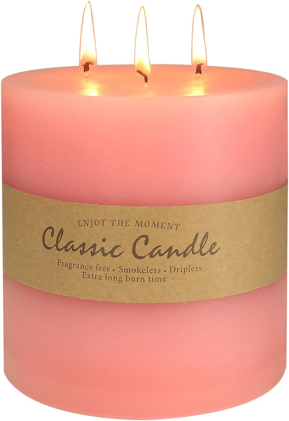 Extra Large 3 Wick Pink Pillar Candle, 6" x 6", Unscented, Dripless, Smokeless, and Clean-Burning. Approx. 120 Hours of Burn Time. Perfect for Weddings, Dinners, Christmas and Home Decor