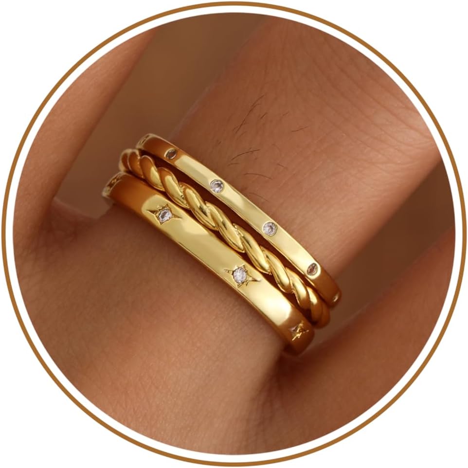 JSJOY Gold Stackable Rings Set for Women Non Tarnish, 3 Pcs Cubic Zirconia Stacking Rings Dainty Sparkling Wedding Bands Engagement Rings for Women Anniversary Birthday Gifts for Her Girlfriend Mom
