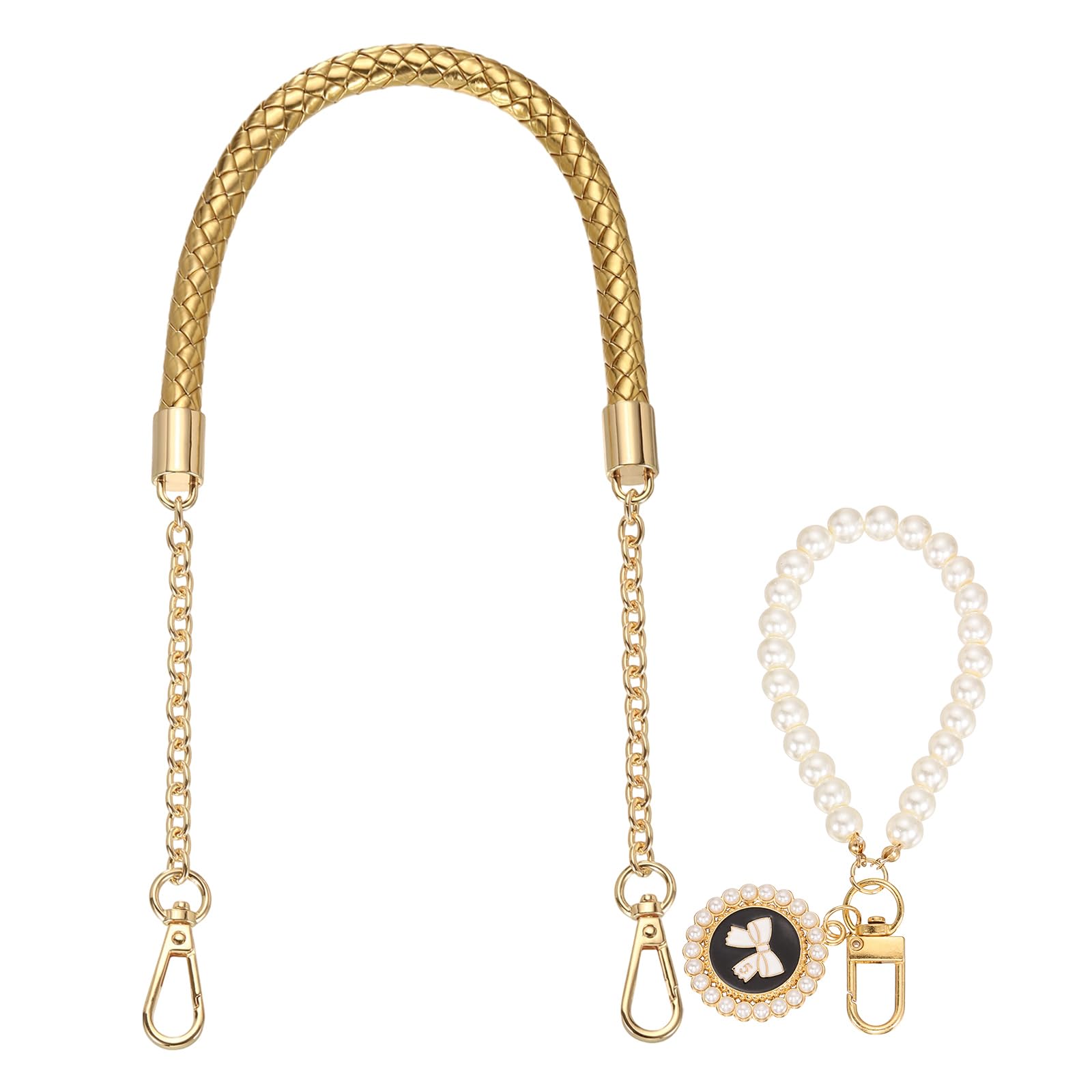 sourcing map PU Leather Chain Purse Strap, 24.4 Inch Braided Purse Handle Replacement with Pearl Pendant for Handbags Underarm Bag Tote (Gold, Light Gold Buckle) — image 1