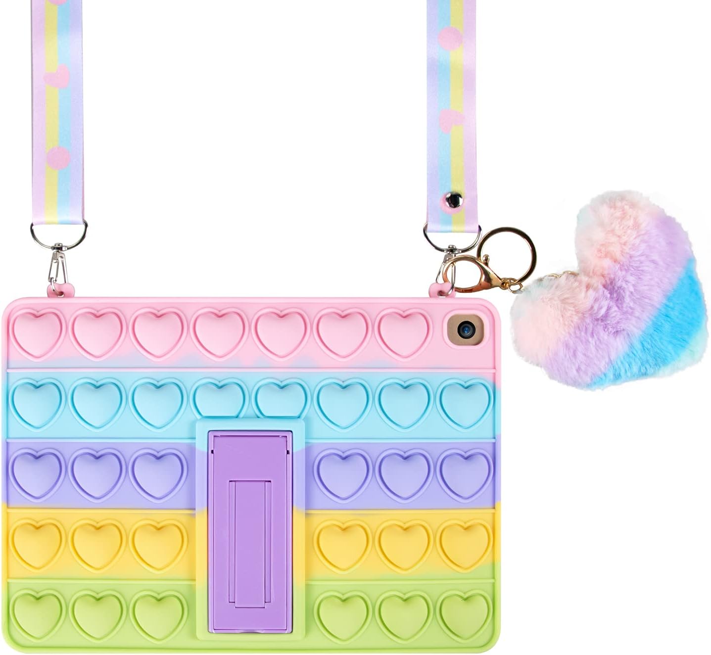 Pop Rainbow Bubble Silicone Cute Case Compatible with Samsung Tab A 8.0 2019 T290/T295/T297, Shockproof Anti-Slip Case with Lanyard,Kickstand and Pendent (Lovely Rainbow Heart) Samsung T290/T295/T297 8 inch Rainbow Heart Shape
