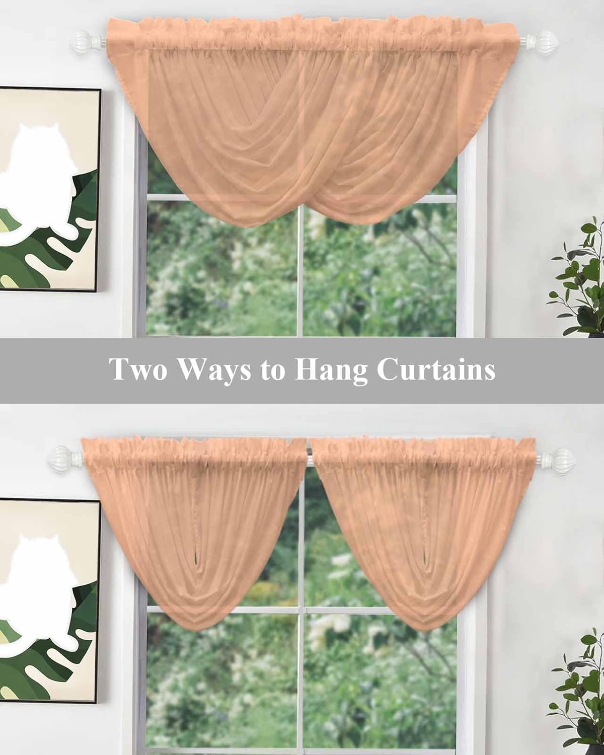 Waterfall Valances for Windows Peach Fuzz Pink Swag Valance Curtains Solid Color Sheer Valance Window Treatment for Living Room Kitchen Bedroom Bathroom Rod Pocket Curtain Drape 3 Panels