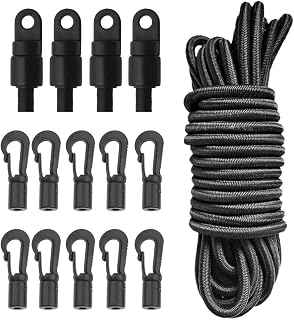 1/4" 16.4 Feets Black Strong Bungee Rope + 4 Pieces/Set Shock Cord Fixed End Stop + 10 Pieces/Set Stretch String End Hook
