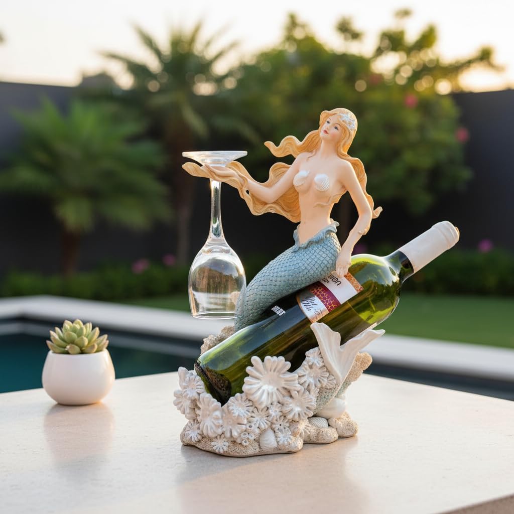 Comfy Hour 13" Mermaid Wine Bottle Holder, Decorative Nautical Sea Life Sculpture for Tabletop, Artisan Crafted Fantasy Lady Figurine with Wine Glass Hanger, Resin Desktop Ornament, Blue & White