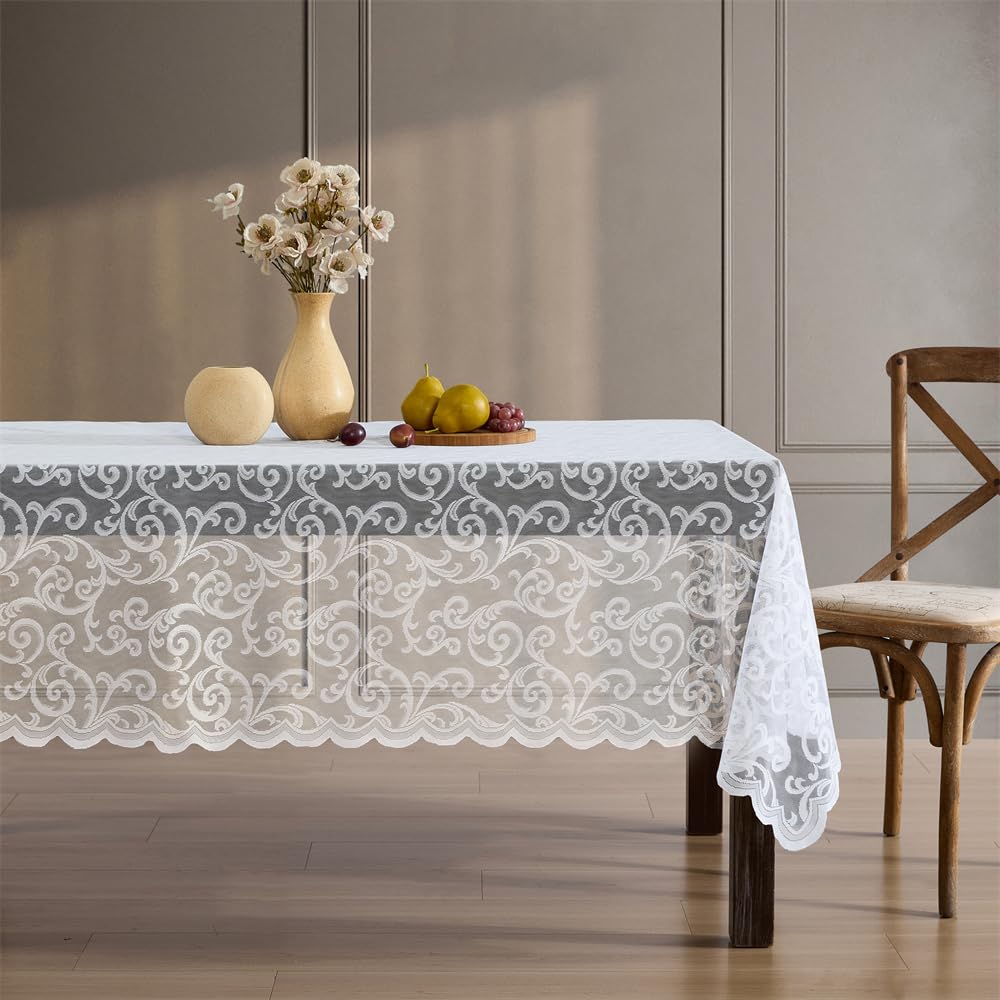 HLC.ME Mantel de Tela de Encaje para mesas rectangulares, Resistente a Las Arrugas, Mantel Festoneado Estampado (60 Pulgadas de Ancho x 104 Pulgadas de Largo, Blanco)