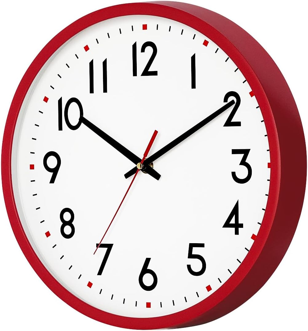 Wall Clock Battery Operated,Red,wall Clock 8Inch Silent Non-Ticking Modern Wall Clock for Living Room, Bedroom, Kitchen, Office, Classroom Decor
