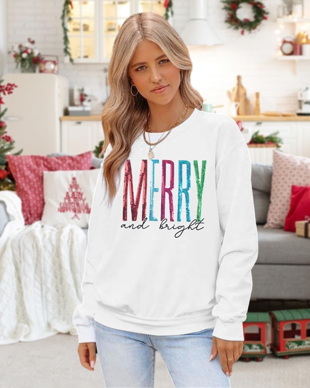 Merry and Bright Sweatshirt Women Merry Christmas Letter Print Long Sleeve Sweater Xmas Crewneck Pullover Casual Blouse Tops - Image 3