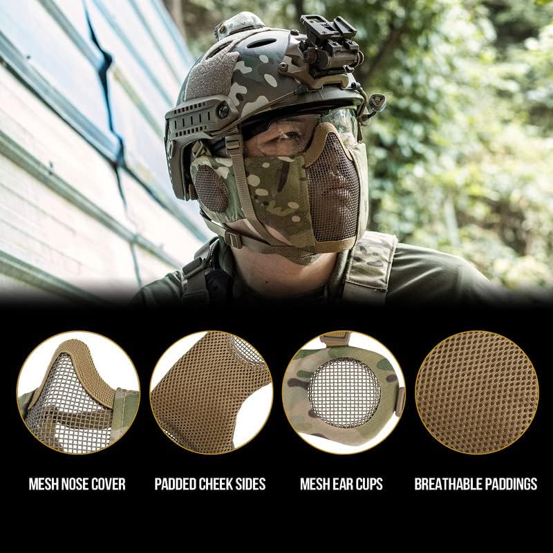 OneTigris 6" Foldable Half Face Airsoft Mesh Mask with Ear Protection, Military Tactical Lower Face Protective Mask