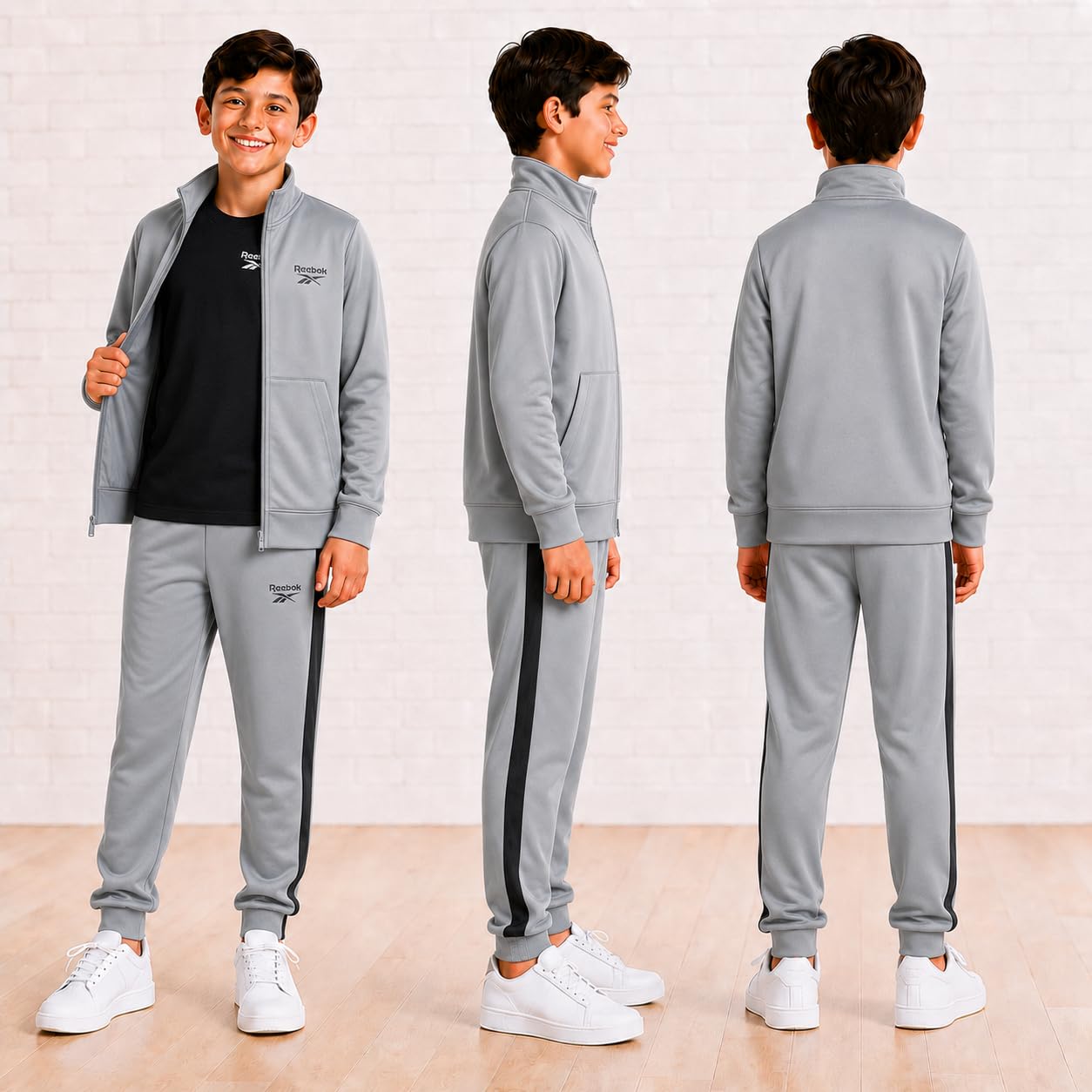 Reebok Conjunto deportivo de 3 piezas con chaqueta de punto con cremallera, camiseta y pantalones deportivos para niños