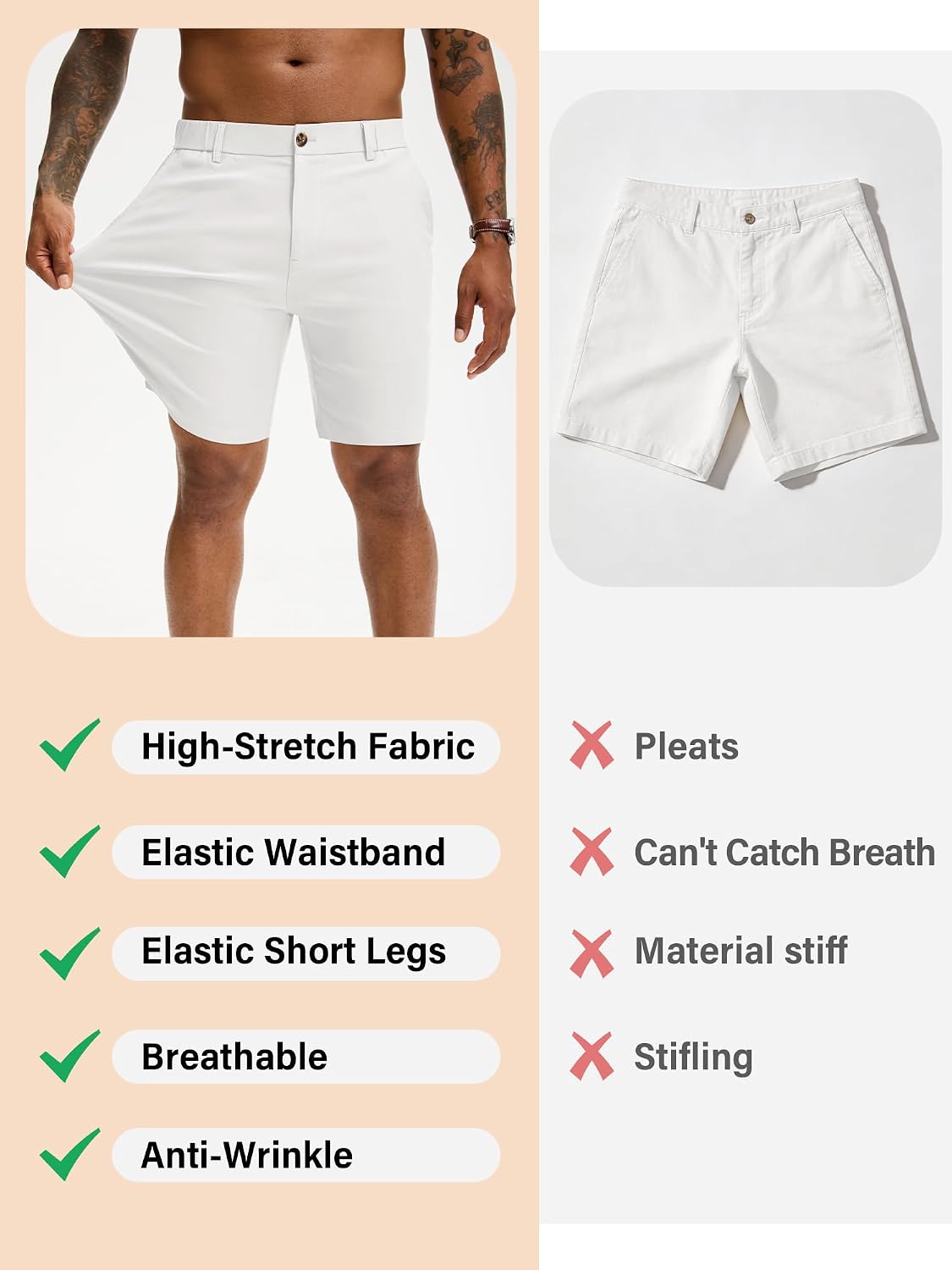 PLEPAN Men's Slim Fit Stretch Dress Shorts 7" Lightweight Skinny Casual with Expandable Waist Summer Shorts