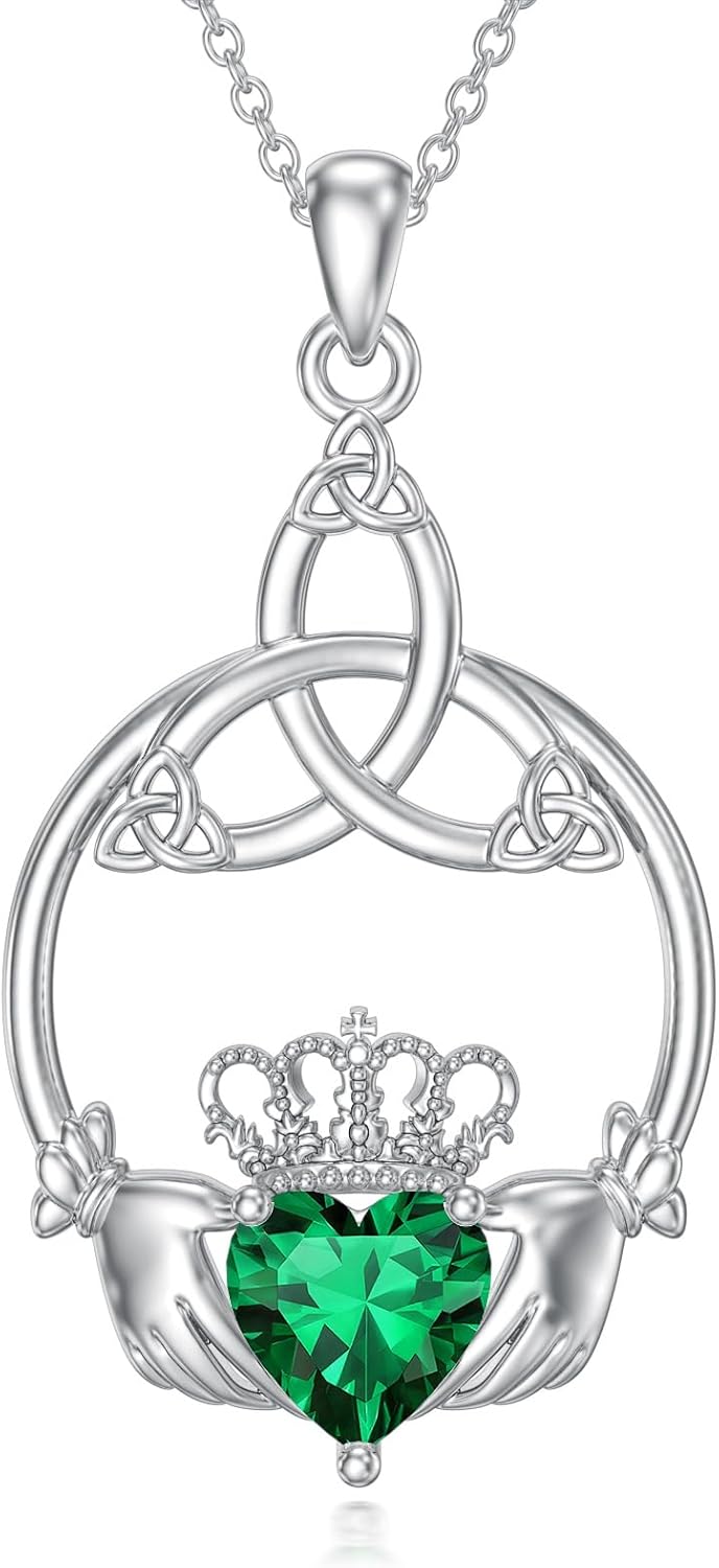 Seiyang Celtic Claddagh Necklace 925 Sterling Silver Celtic Heart Claddagh Pendant Necklace with Birthstones Irish Jewelry Gifts for Women
