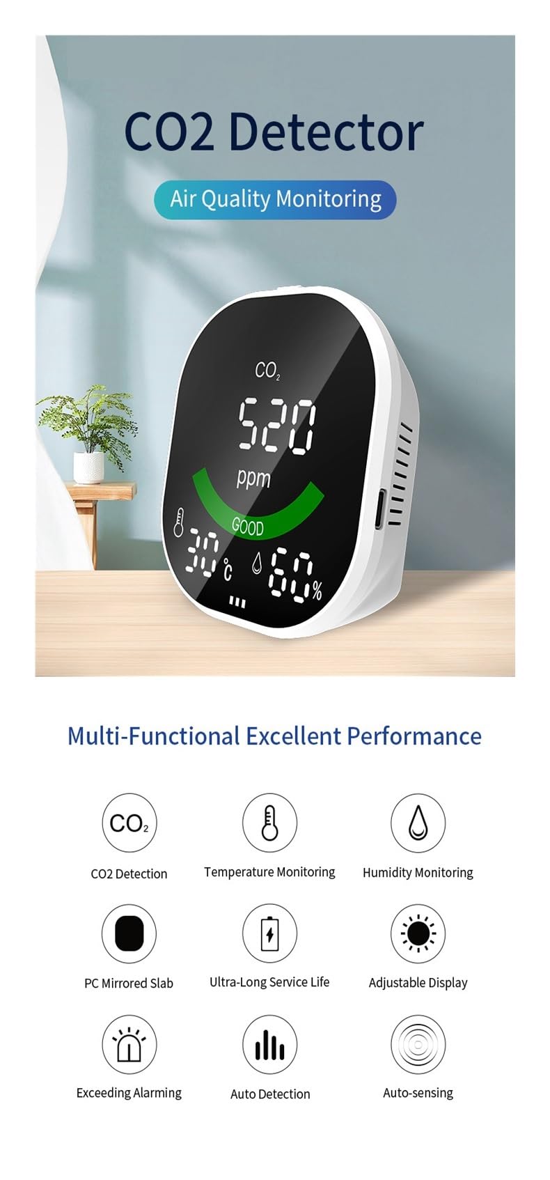 Monitor portatile della qualità dell'aria Tester di umidità temperatura Rilevatore CO2 Aule Ristoranti Per cucina e camper(White 3 in 1)