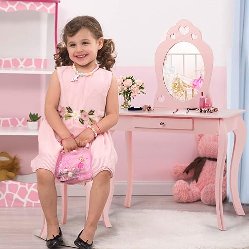 Miniatura 2 de GLACER Juego de mesa y silla para niños, tocador de maquillaje con espejo y cajón, juego de tocador de princesa de madera 2 en 1 con parte superior