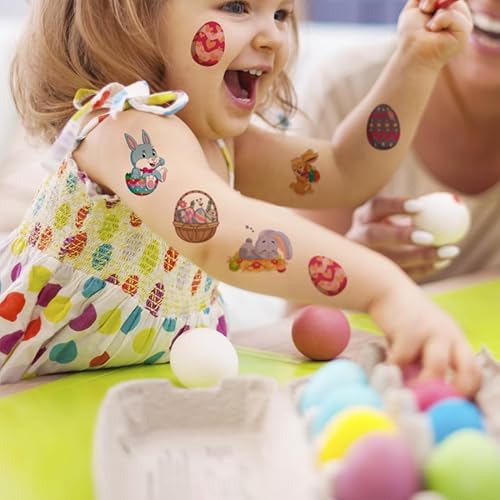 Miniatura 4 de CHARLENT Tatuajes temporales de Pascua para suministros de fiesta de niños, 74 hojas individuales, huevos de Pascua de conejito para niños y niñas,