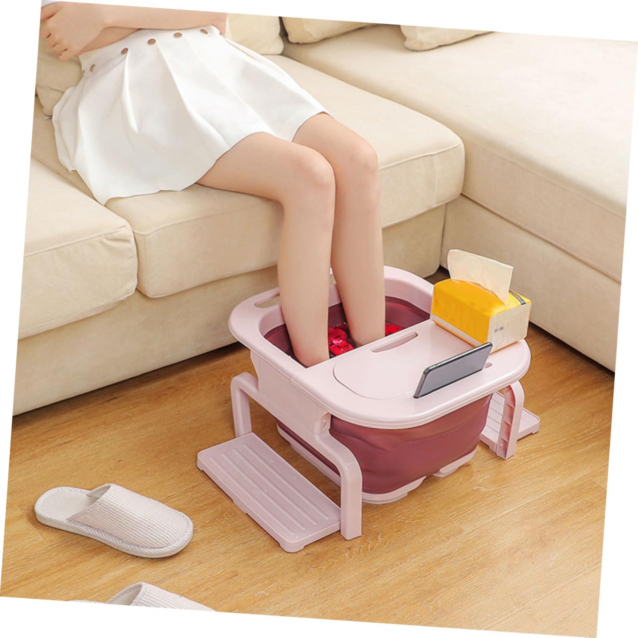 Lavabo Plegable para Remojo de Pies de Gran Tamaño de PP Rosa | Bañera Pies Rodillos de Masaje, Color de Rodillos Aleatorio, Fácil de Usar, para Viaje y Familia
