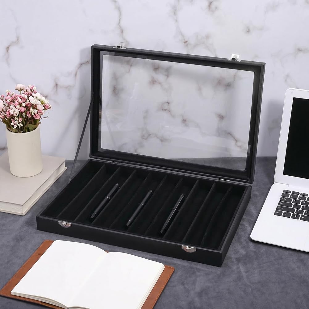 PH PandaHall 8 scomparti in pelle PU per penne stilografiche, scatola organizer nera con fibbia in metallo, custodia da collezione con finestra trasparente interna in velluto per ufficio, casa, regalo