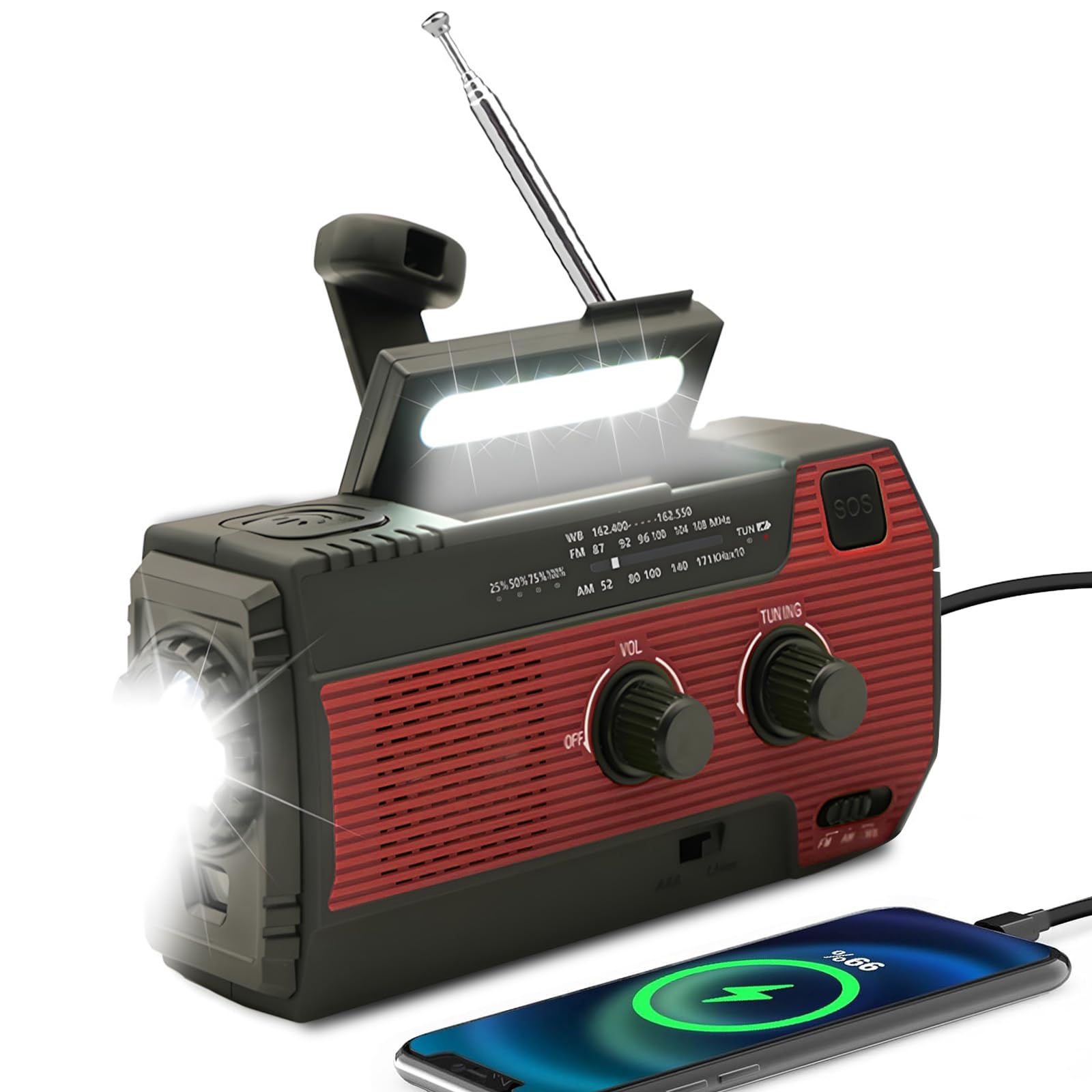 Wind Up Solar Radio,SOLARBABY Emergency Radio,Self-Powered Crank Radio with LED Torch,SOS Alarm, AM/FM Weather Radio with 4000 mAh Battery for Emergency Charging from Smartphone(Red)