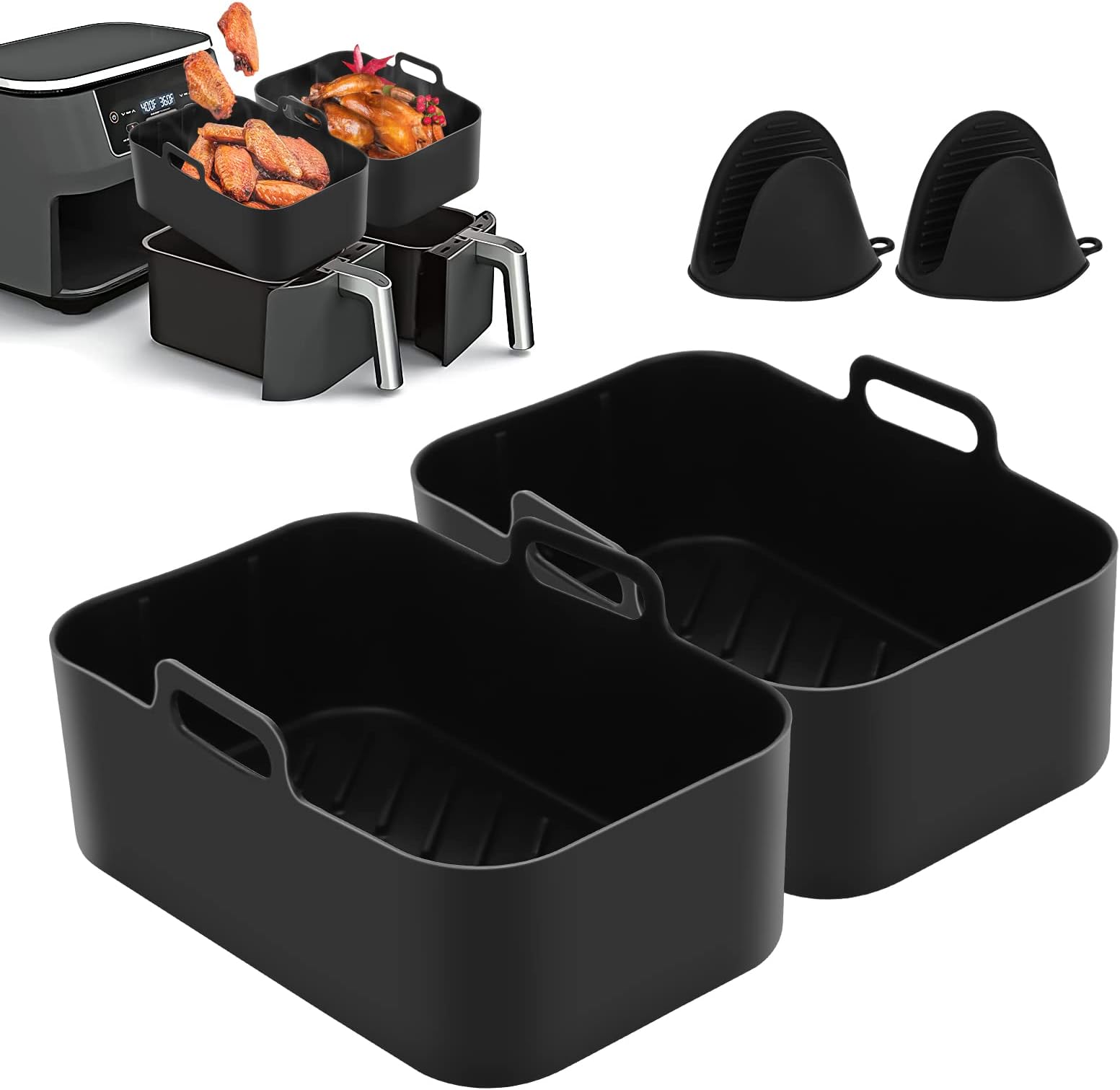 Silicone Air Fryer Liners for Ninja Dual Air Fryer AF400UK & Tower T17088 & AF300UK, 7.67in Reusable Silicone Air Fryer Pot Basket Accessories Trays for Ninja Dual Foodi (4PCS Set)
