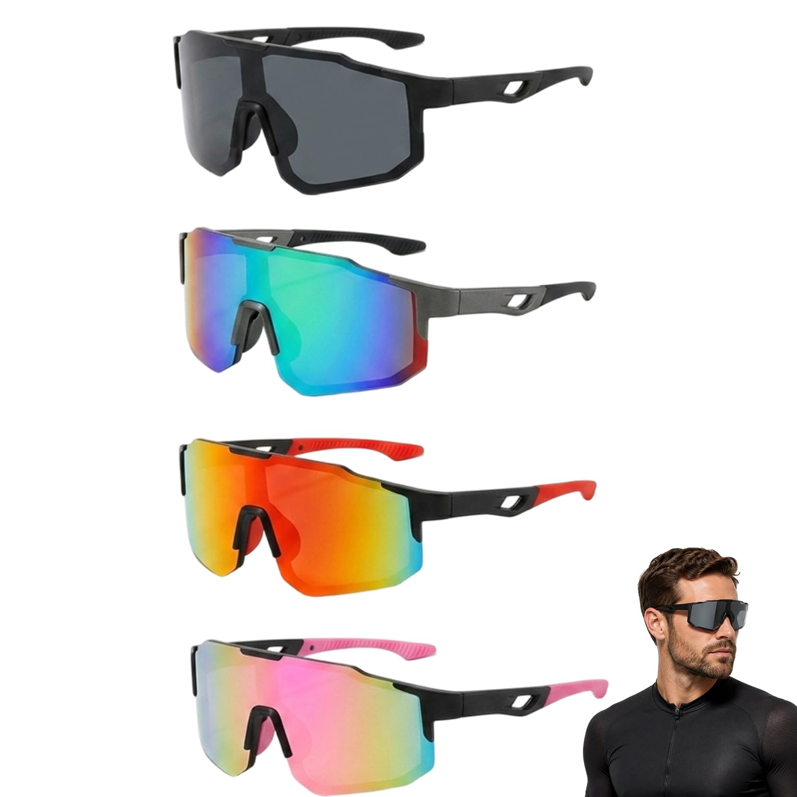 PRVCFZ 4 PCS Cycling Sunglasses, Sports Eyewear for Outdoor Activities, Running Glasses with Protective Features, Cycling Glasses for Active Lifestyles, Durable Frame Design