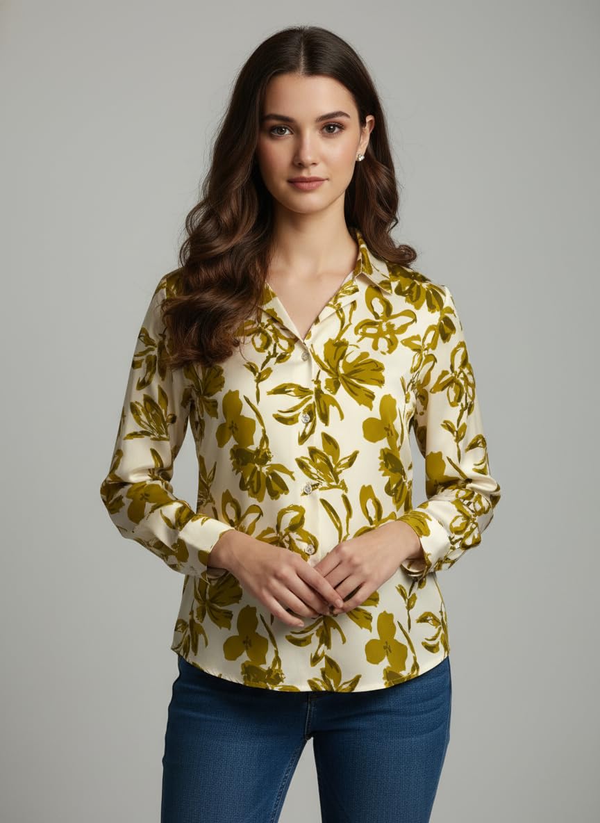 ANNI Designer Bedrucktes Damenhemd aus Baumwollmischgewebe, langärmelig, normale Passform, Hemdkragen, legere Bürokleidung, elegante Western-Kleidung für den Alltag, Hochzeit, Party