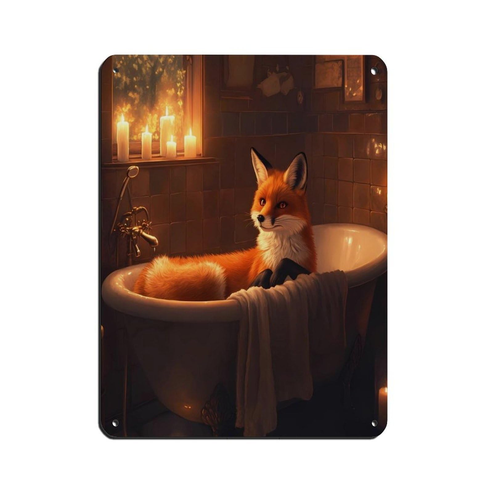 Cozy Fox in Bathtub, Relaxing Fox Retro Poster Metal Tin Sign Chic Art Retro Iron Painting Bar People Cave Cafe Family Garage Poster Wall Decoration 12x16inch(30x40cm)