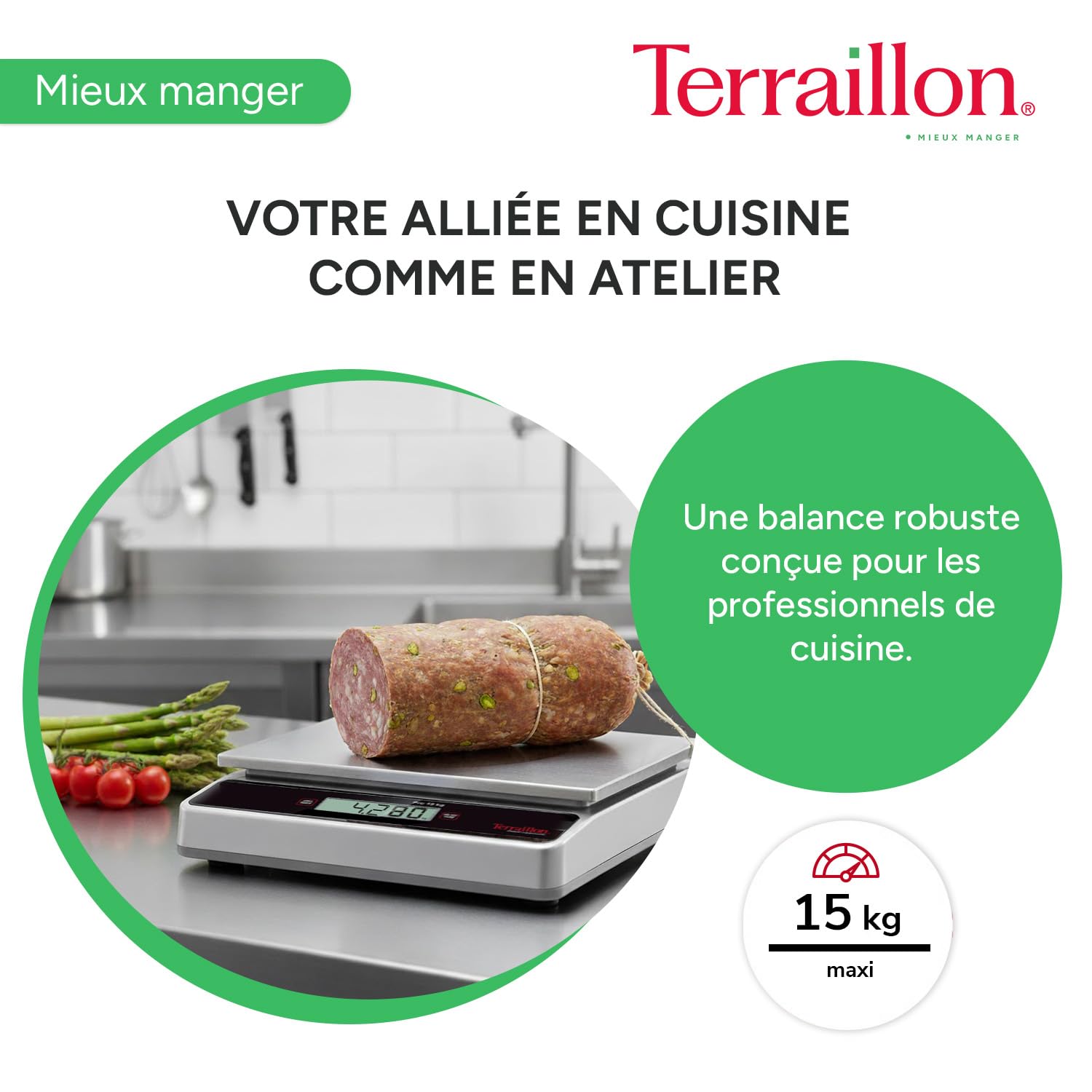 TERRAILLON - PRO 15 - Balance de cuisine électronique professionnelle, Large plateau Inox 29 x 18 cm, capacité 15 kg, graduation 5 g, norme IP54, Ecran LCD, Touches mécanique - Inox