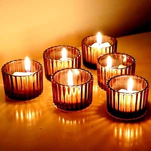 VOHO Amber Tealight Candle Holder Set of 12, 2'' x 1.4'' Glass Brown Small Votive Candle Holders ...