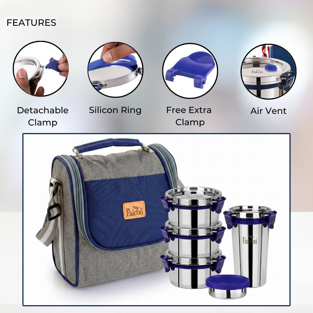 PDDFALCON Stainless Steel EcoNxt Executive Lunch Box Set of 4 containers with Insulated Bag, BIS Certified, Food Grade, BPA Free, Jindal Seal & Made in India. (Navy Blue - 1430ml) 4