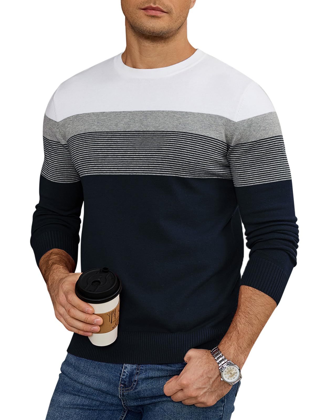 Genfien Hommes Pull à Col Rond et Manches Longues Chaud Pulls en Tricot Rayé Decontracté Sweater Casual 100% Coton