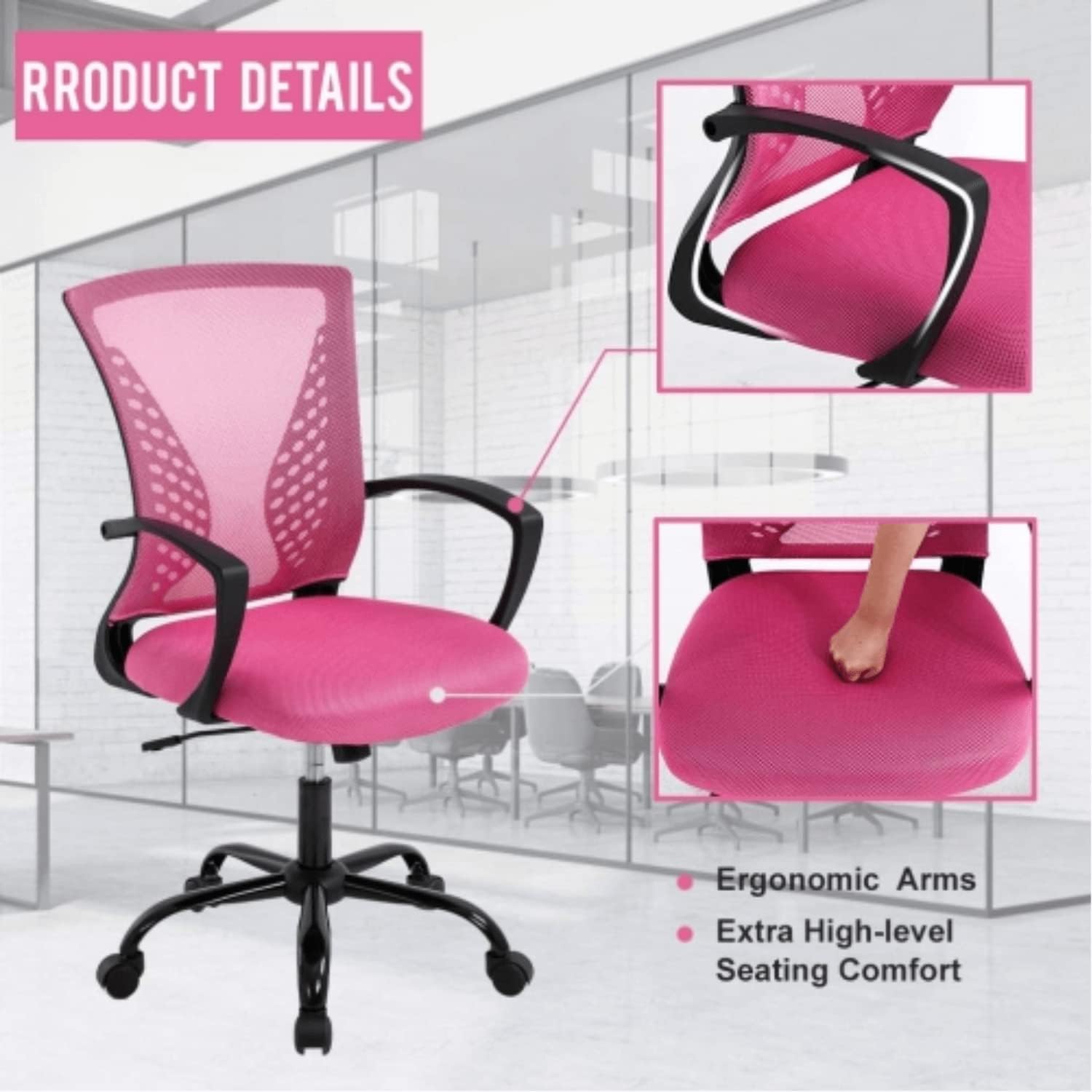 Lucky Shop Home Office Chair Mesh Desk Chair, Ergonomic Computer with Lumbar Support& Armrest, Adjustable Executive Task Modern Mid Back Rolling Swivel for Women Adults, Pink