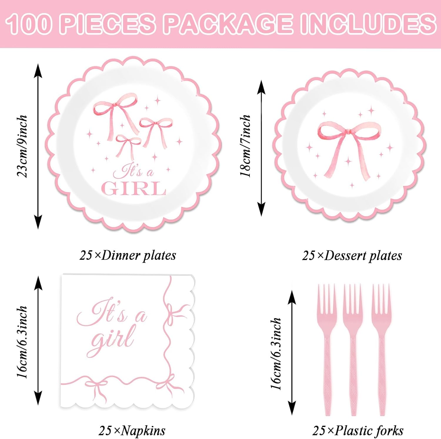 100PCS Pink Bow Baby Shower Plates and Napkins Bows Tableware Set It’s A Girl Party Decoration Girls Baby Shower Parties Disposable Dessert Plate for Bowknot Themed Dinnerware Supplies Serve 25 - Image 2