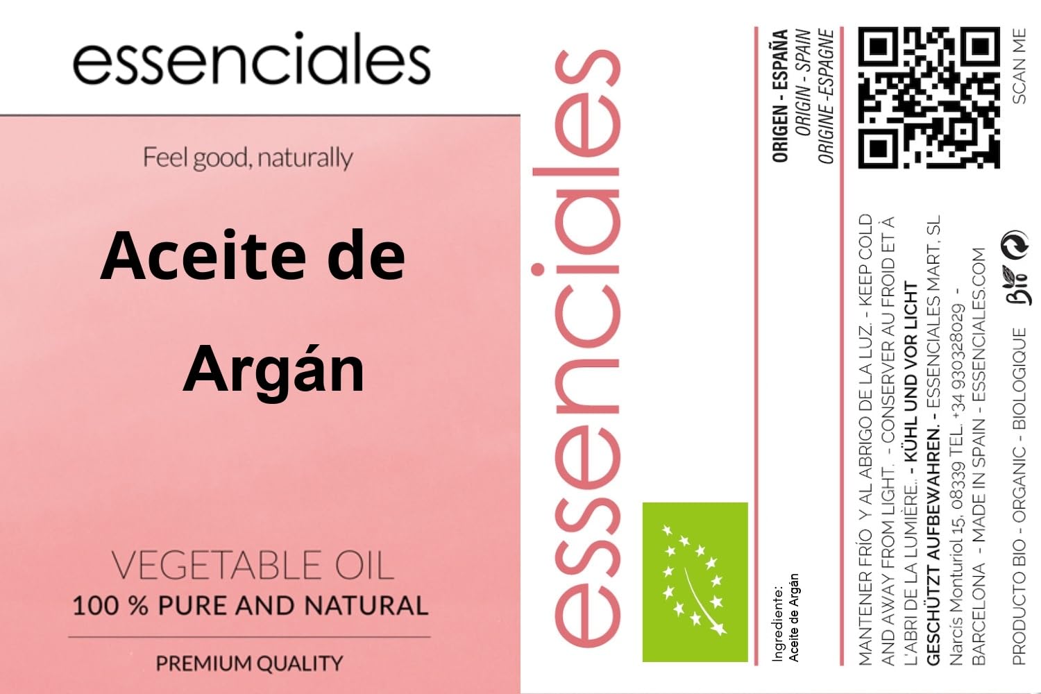 Essenciales - Aceite Vegetal de Argán BIO, 100% Puro y Certificado ECOLÓGICO, 1 Litro | Aceite Vegetal Argania Spinosa, 1ª presión frío