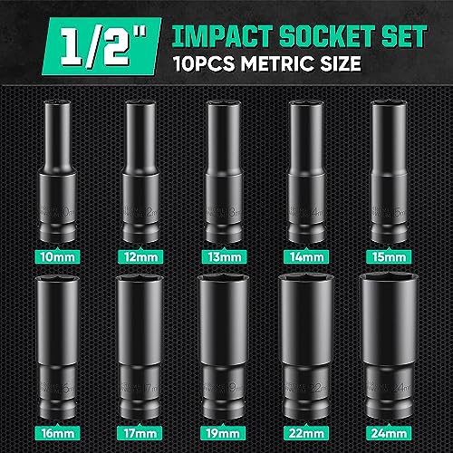 Deep Impact Socket Set,11Pcs 1/2" Socket Sets 10-24mm with Driver Socket Extension and Plastic Storage Box for Automotive Home DIY Repair (11Pcs) 2 Deep Impact Socket Set,11Pcs 1/2" Socket Sets 10-24mm with Driver Socket Extension and Plastic Storage Box for Automotive Home DIY Repair (11Pcs) - Image 2