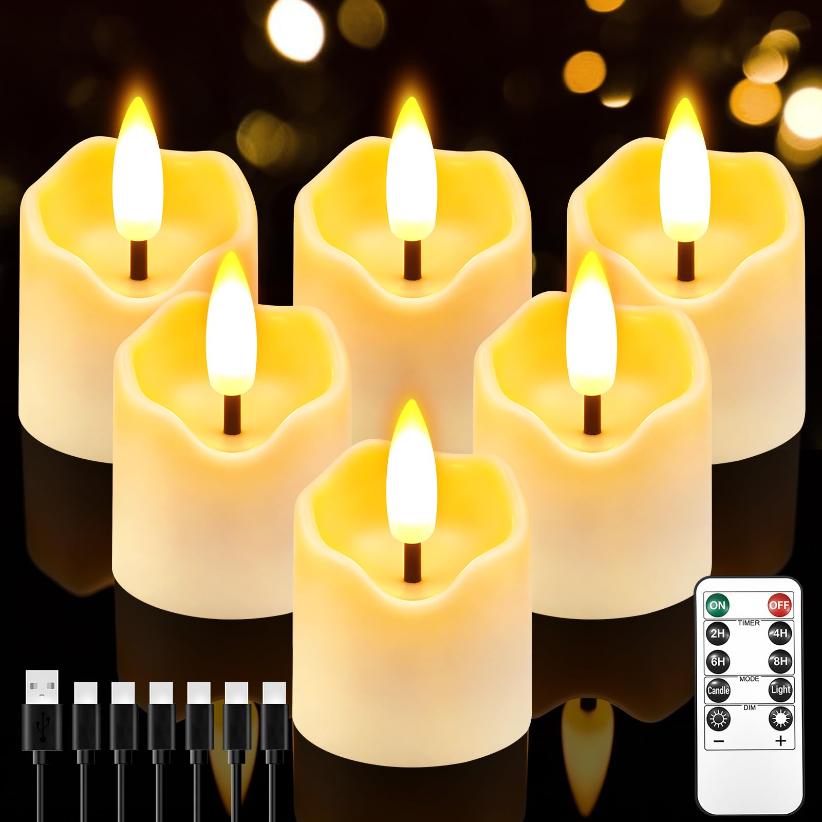NRAVXAC Rechargeable Flameless Candles with Remote Timer, 4cm x 5.5cm LED Votive Fake Candles, Flickering Tea Lights Candles Battery Operated for Wedding Party Windows Table Home Decor (6 Pack)