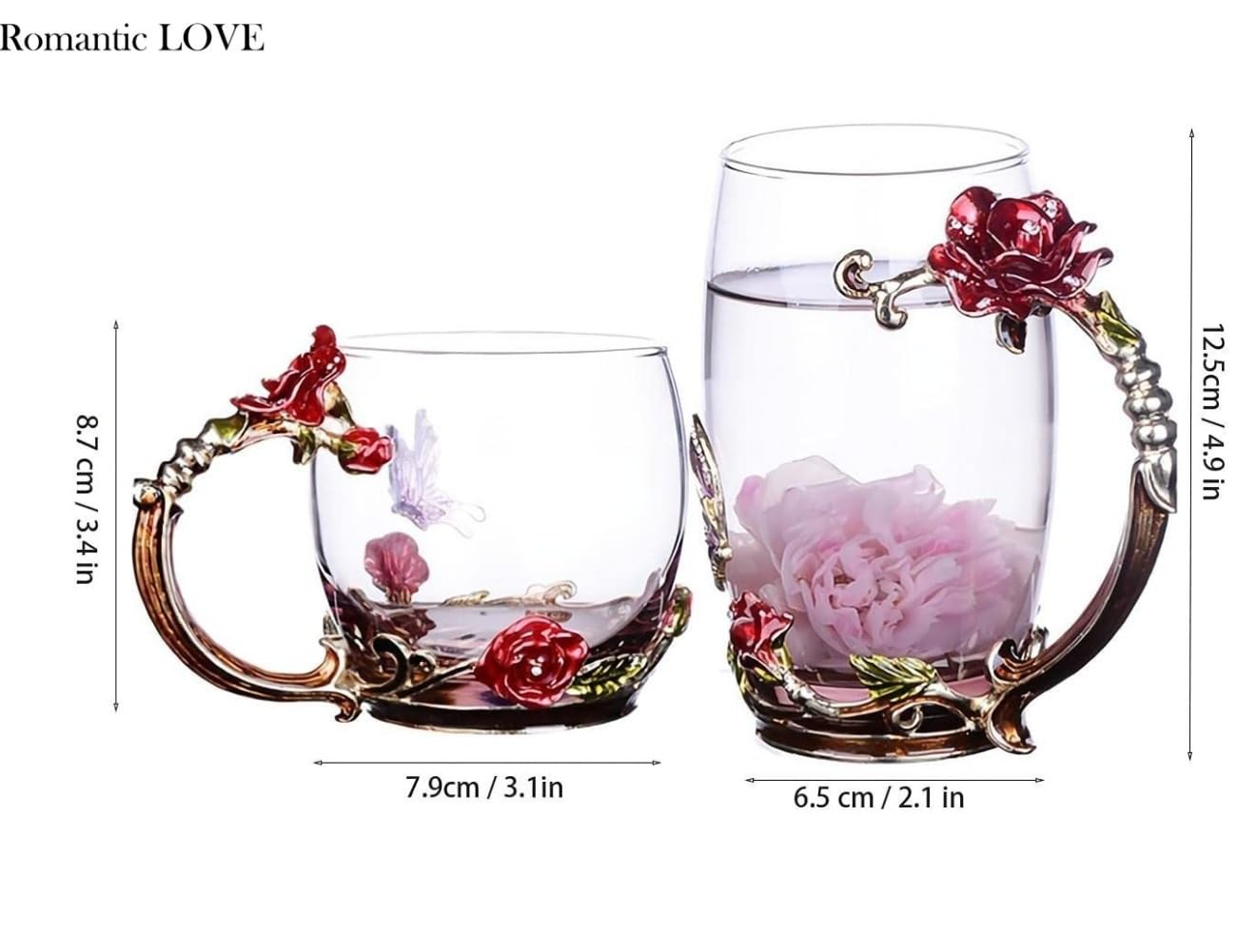 Romantic LOVE Set Mit 2 Ausgefallenen Teetassen, Kaffeetassen Aus Glas, 330 Ml ~ 350 Ml, Klarglastassen Mit Löffel, Set, Muttertagsgeschenke, Rosenblume, Emaille, Geburtstag (blau hoch rot kurz)