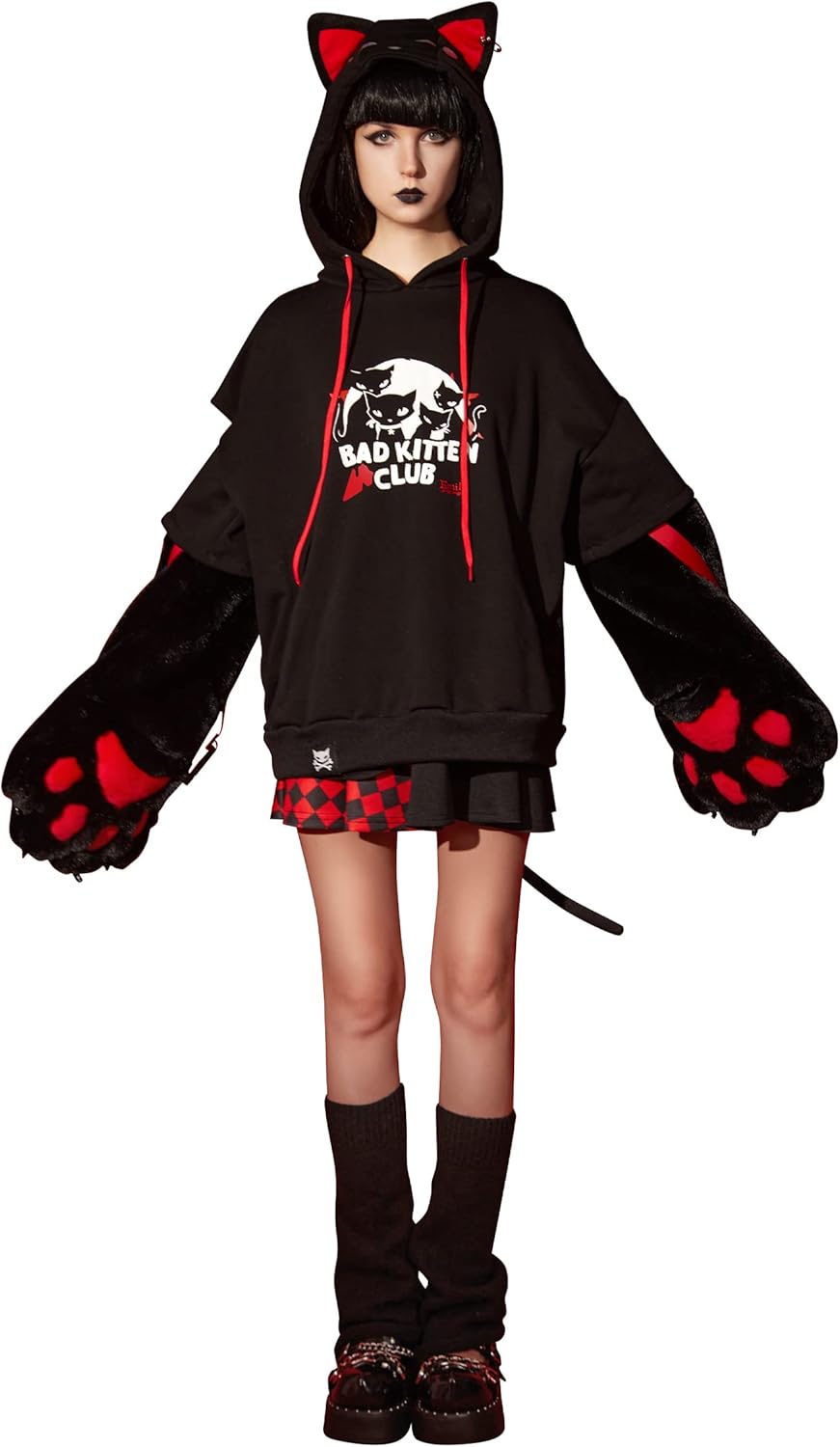 Emily the Strange Girls Cat Pullover Hoodie Black Bad Kitten Print Costume with Paw Gloves