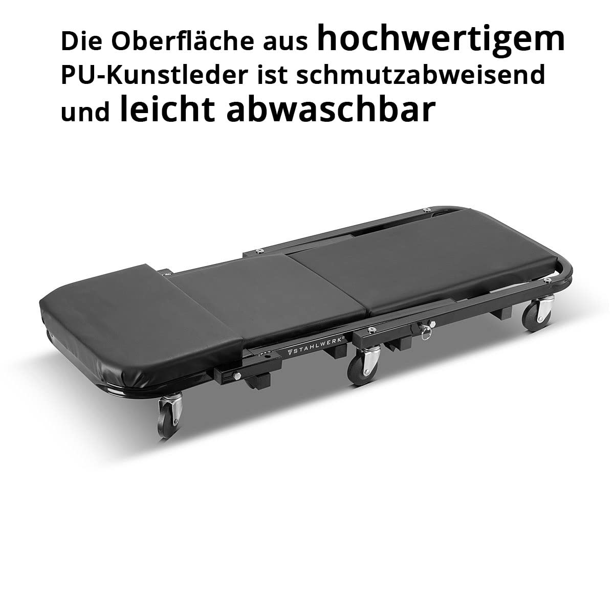 STAHLWERK 2-in-1 Montagerollbrett & Werkstatthocker FRC-40 ST – faltbare Werkstattliege & Montagehocker mit Sitz- & Liegefunktion, bis 150 kg Tragfähigkeit, 7 leichtlaufende 360°-Rollen, PU-Kunstleder