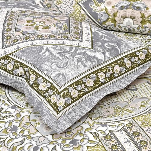 Image of Kuber Industries Double Bedsheet with 2 Pillow Covers | 186 TC Premium Cotton Bedsheet for Double Bed | Bedsheet for Living Room-Home & Hotels | Arabic Beauty Flower Square | 100x108 Inch | Gray