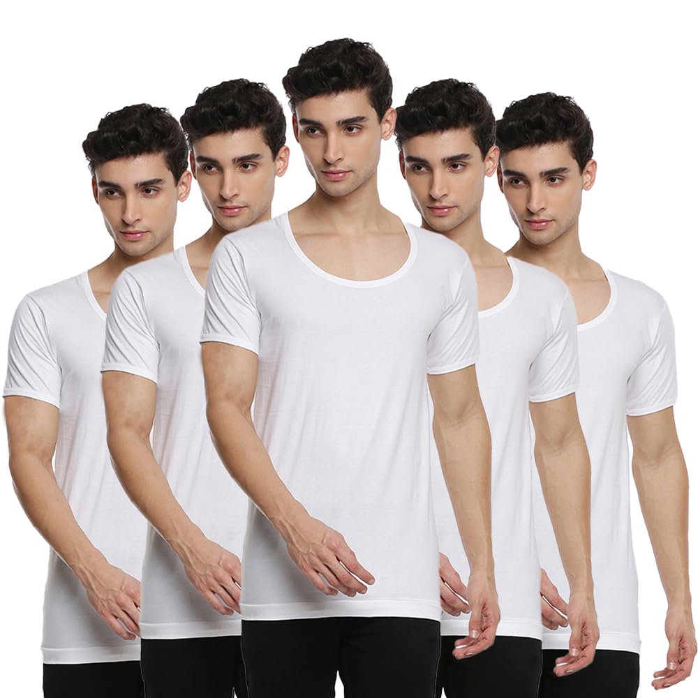 Pack of 5 Men's White Round Neck Half Sleeve Cotton Undershirt Vest(White_1;100)